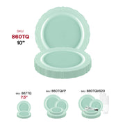 Set of 120 turquoise disposable plastic dinner plates, featuring a 10-inch round design with a stylish vintage aesthetic