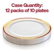 Set of 120 white dinner plates with a decorative burgundy and gold harmony rim