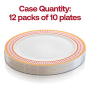 Set of 120 white dinner plates with a decorative red and gold chord rim