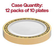 Set of 120 white plastic appetizer plates with a striking black and gold royal rim