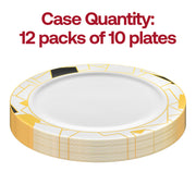 Set of 120 white plastic dinner plates featuring a stylish black and gold abstract squares design