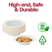 Set of 120 white plastic soup bowls with a gold edge rim, 12 oz. capacity, ideal for soups, salads, or desserts, BPA-Free