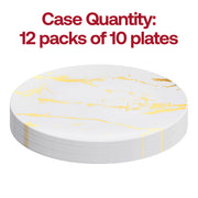Set of 120 white round disposable plastic appetizer plates with gold marble strokes