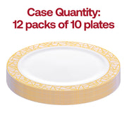 Set of 120 white round plastic dinner plates with a luxurious pink and gold mosaic rim