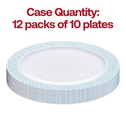 Set of 120 white round plastic dinner plates with a luxurious turquoise blue and silver mosaic rim