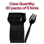 Set of 150 black plastic serving forks, ideal for catering services, weddings, and buffet-style meals