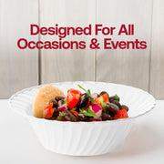 Set of 180 clear flair plastic soup bowls, 5 oz. capacity, 5-inch diameter, featuring a modern flared rim design for appetizers or desserts
