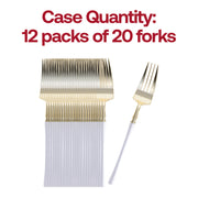 Set of 240 disposable plastic dinner forks with stylish gold accents and white handles, suitable for easy cleanup at events