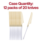 Set of 240 gold plastic dinner knives with white handles, ideal for weddings, parties, and catering