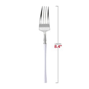 Set of 240 modern, disposable silver dinner forks with sophisticated white handles, ideal for parties or catering events.