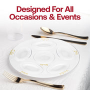 Set of 24 clear plastic Seder plates with gold round sections, ideal for Passover or other religious meals.