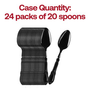 Set of 480 disposable black plastic dinner spoons with vintage Baroque-style detailing, great for easy cleanup at events
