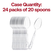 Set of 480 disposable clear plastic dinner spoons with vintage Baroque-style detailing, great for easy cleanup at events
