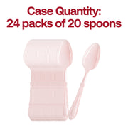 Set of 480 disposable pink plastic dinner spoons with vintage Baroque-style detailing, great for easy cleanup at events