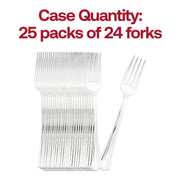 Set of 600 premium silver plastic forks with a polished metallic look and grooved detailing, each fork 6.75 inches