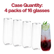 Set of 64 clear plastic stemless champagne flutes featuring a stylish silver design, 9-ounce capacity, perfect for celebrations