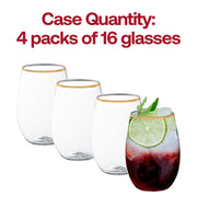 Set of 64 clear stemless plastic wine glasses featuring a stylish gold accent, 16-ounce capacity