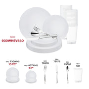 Set the stage for a sophisticated atmosphere with the White with Silver Rim Organic Round Disposable Plastic Wedding Value Set, an excellent choice for formal events and stylish celebrations.