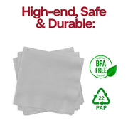 Shimmering silver paper beverage napkins, 10" x 10", BPA-free and food-safe, perfect for stylish and worry-free drink service.