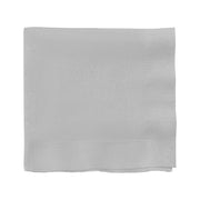 Shimmering silver paper cocktail napkins, 10" x 10", soft, absorbent, and stylish, ideal for serving drinks and appetizers.