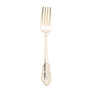 A gold plastic fork from the Shiny Baroque collection, featuring intricate decorative patterns on the handle, isolated on a white background. The fork has four tines and a detailed design, giving it an elegant and classic appearance reminiscent of luxurious event forks.