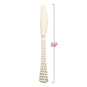 The Shiny Gold Glamour Cutlery Disposable Plastic Knife is depicted vertically, with its blade pointing upwards. A line next to the knife indicates its length as 7.5 inches. The handle showcases a textured, diamond-like design, making it ideal for sophisticated events and upscale gatherings.