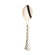 The Shiny Gold Glamour Cutlery Disposable Plastic Spoon has a glossy, reflective finish and a gold color. Its handle showcases an artistic hammered texture that adds an elegant and sophisticated look. Displayed against a plain white background, this spoon is perfect for adding elegance to any party tableware.