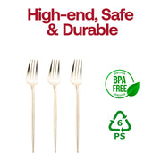 Three Shiny Gold Moderno Disposable Plastic Dessert Forks are vertically aligned on a white background. Above them, red text reads "High-end, Safe & Durable." To the right, green icons indicate BPA-free certification with a leaf and a plastic recycling symbol (6 PS). These premium quality dessert forks ensure an elegant dining experience.