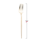 Our Shiny Gold Moderno Disposable Plastic Dessert Forks, each measuring 7 inches in length, stand out for their sleek, minimalist design. Featured as one of our elegant dessert forks, it is displayed against a plain white background to showcase its premium quality.