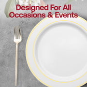 A white plate with a yellow border is placed beside a Shiny Gold Moderno Disposable Plastic Dessert Fork on a gray surface. Text above the plate reads "Designed For All Occasions & Events" in bold red letters. Small white flowers are partially visible in the top right corner.