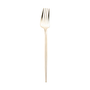 A sleek, polished Shiny Gold Moderno Disposable Plastic Dessert Fork with a long handle and four tines. The premium quality dessert fork is centered on a plain white background, adding an elegant touch to any table setting.