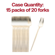 Image of 20 shiny gold Moderno disposable plastic dessert forks arranged closely together in four neat stacks. A single fork is placed separately next to the stacks. The text above reads "Case Quantity: 15 packs of 20 forks" in bold red letters.