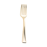 A single, elegant gold-colored fork with four tines, placed upright on a white background. This Shiny Metallic Gold Mini Plastic Disposable Tasting Fork boasts a sleek and modern design with a slightly curved handle, perfect for adding sophistication to any dining setting.