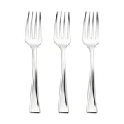 Three **Shiny Metallic Silver Mini Plastic Disposable Tasting Forks** are arranged vertically in a row against a white background. Each fork features four tines and a sleek, modern design with a slightly curved handle.