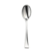 A shiny metallic silver mini plastic disposable tasting spoon with a slightly oval-shaped bowl and a straight handle that tapers slightly at the end is photographed against a plain white background, sitting beside other elegant silver tasting spoons.