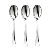 Three identical Shiny Metallic Silver Mini Plastic Disposable Tasting Spoons placed parallel to each other on a white background. The spoons have a shiny, reflective surface and a simple, elegant design, contrasting beautifully with the practicality of BPA-free recyclable utensils.