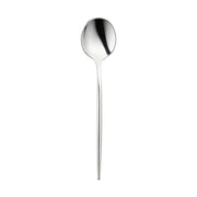 The Shiny Silver Moderno Disposable Plastic Dessert Spoon, featuring an elongated, narrow handle and a round, reflective bowl reminiscent of mini dessert spoons, is centered against a white background.