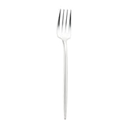 A Shiny Silver Moderno Disposable Plastic Dinner Fork with four tines is centrally placed against a white background. The fork boasts a sleek, modern design with a long, slender handle, embodying the elegance of premium dinner party utensils.