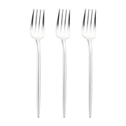 Three Shiny Silver Moderno Disposable Plastic Dinner Forks are arranged side by side in a row against a plain white background. Each fork has a polished finish with four tines and a slender, tapered handle.