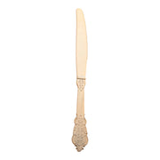 Shiny Baroque gold plastic knives with an ornate handle design, 7.8 inches long, perfect for upscale dining; case of 600