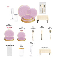 Shiny Metallic Gold cutlery and elegant champagne flutes paired beautifully with this bold pink dinnerware set