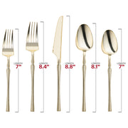Shiny gold Moderno disposable plastic cutlery set featuring forks (8.4"), knives (8.8"), spoons (8.1"), dessert forks (7"), and dessert spoons (7")