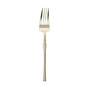 Shiny gold Moderno disposable plastic dessert forks, 7 inches long, with a sleek contemporary design; case of 240