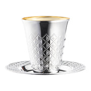 Shiny metallic aluminum silver round plastic Kiddush cup and saucer set, stylish and disposable