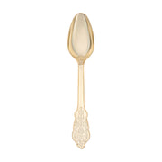 Shiny metallic gold baroque plastic cutlery set with a sophisticated antique-inspired design, perfect for 600 guests.