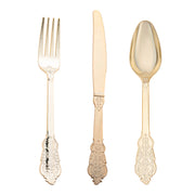 Shiny metallic gold baroque plastic cutlery set with a sophisticated antique-inspired design, perfect for 600 guests.