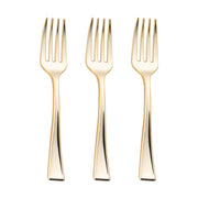 Shiny metallic gold mini plastic fork, 4 inches, durable and disposable, great for small bites and hors d'oeuvres, case of 600.