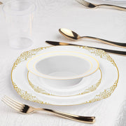 Shiny metallic gold plastic cutlery set and 12 oz crystal clear disposable cups for a sleek and polished disposable tablescape.