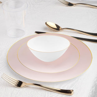 Shiny metallic gold plastic cutlery set and 12 oz crystal clear disposable cups, perfect for elegant single-use party tableware.
