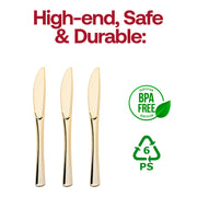 Shiny metallic gold plastic knives, BPA-free and food-safe, perfect for stylish and worry-free dining